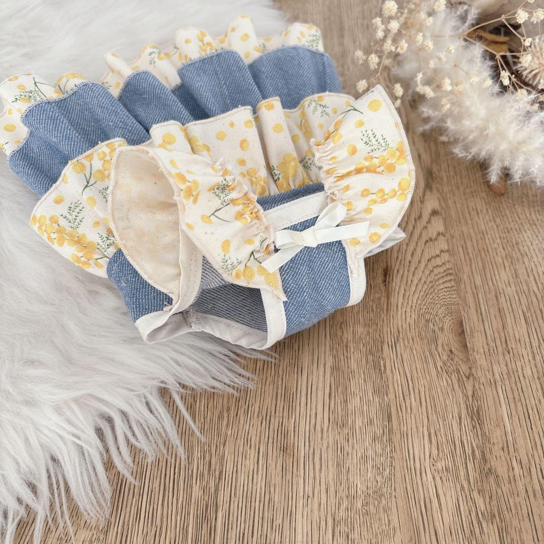 ハンドメイド　ミモザ×デニム　肩フリル3段ティアードワンピース