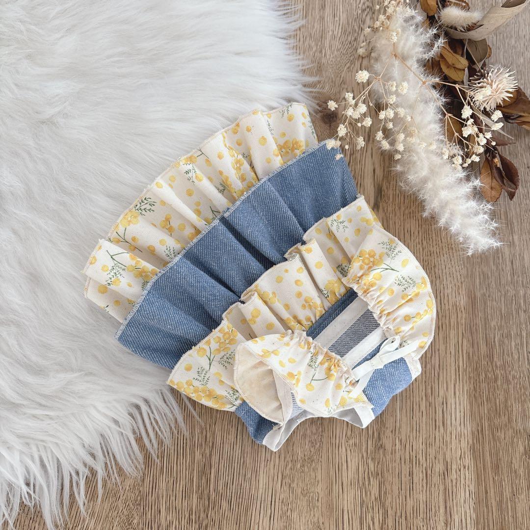 ハンドメイド　ミモザ×デニム　肩フリル3段ティアードワンピース