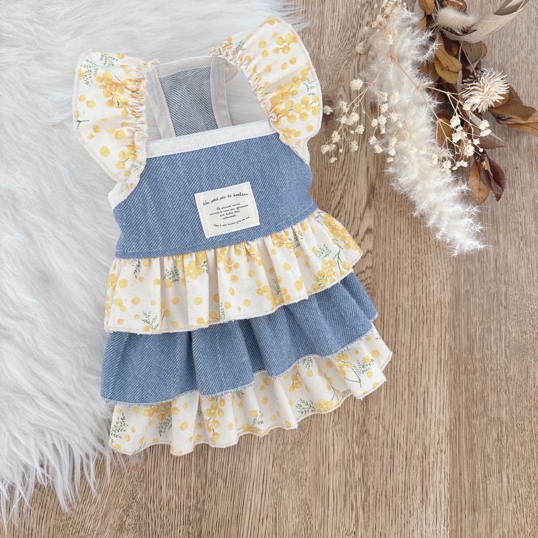 ハンドメイド　ミモザ×デニム　肩フリル3段ティアードワンピース