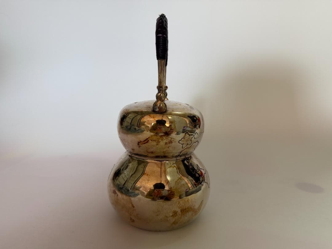 純銀製 南鐐ひょうたん形 花草彫 湯沸 銀瓶 煎茶道具