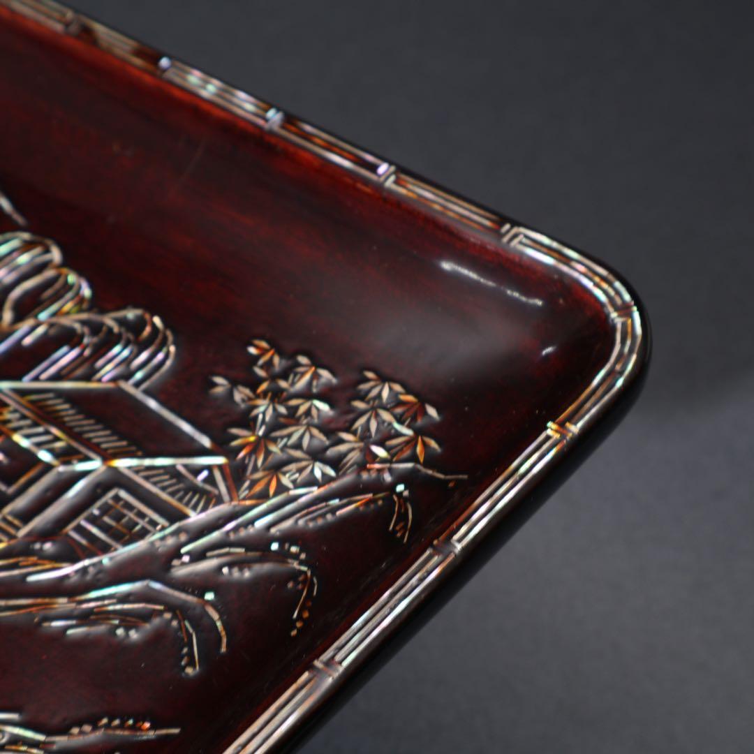 【茶道具】煎茶盆　螺鈿　山水文　桐箱　一文字盆　6R1521ダN2