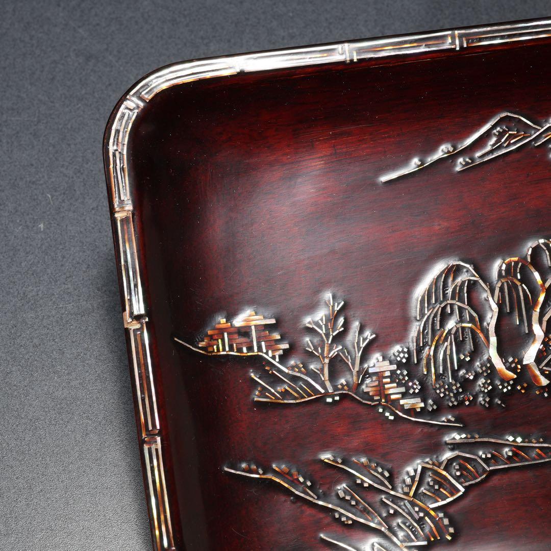 【茶道具】煎茶盆　螺鈿　山水文　桐箱　一文字盆　6R1521ダN2