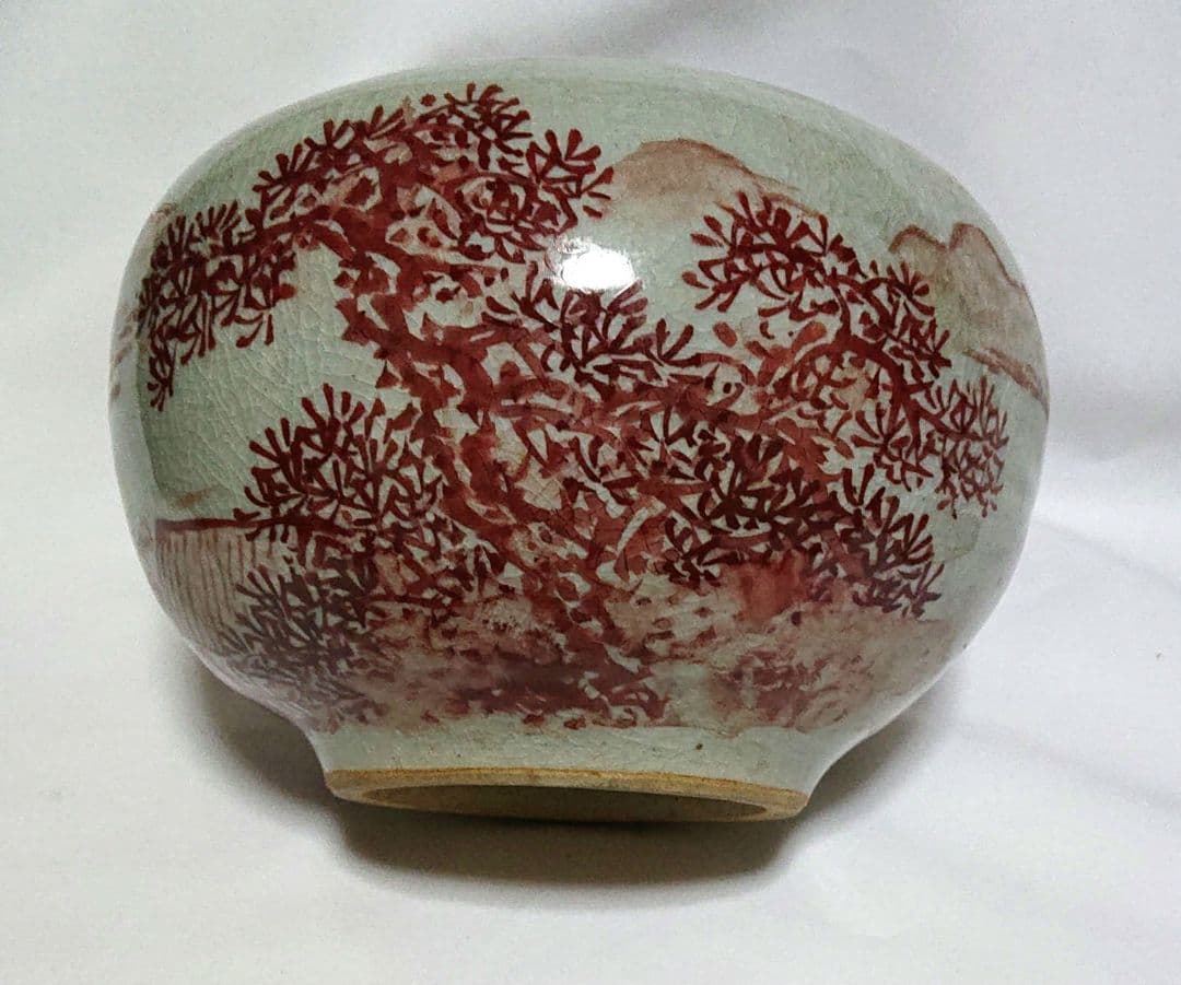 茶道具水指　石莊画山と木のデザインの陶器A403