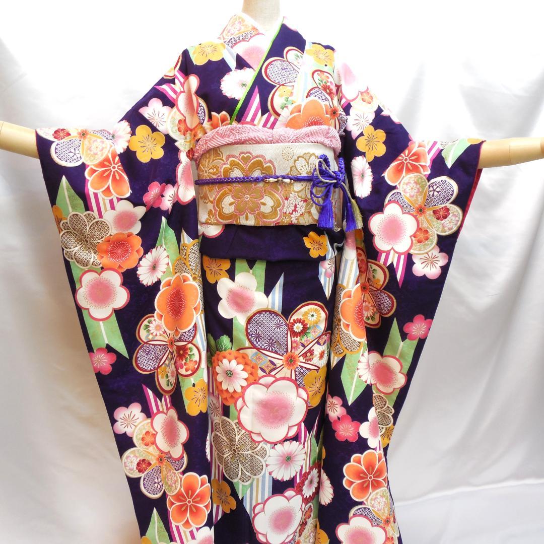 未使用品★洗える振袖　振袖フルセット　ポリ　成人式　振袖　M～Ｌサイズ　紺　花柄