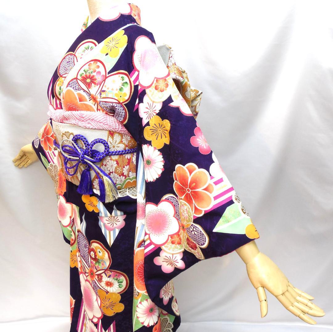 未使用品★洗える振袖　振袖フルセット　ポリ　成人式　振袖　M～Ｌサイズ　紺　花柄