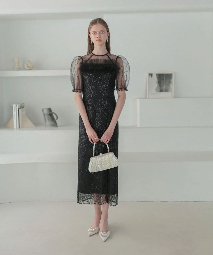 【新品未使用タグ付】LejaチュールフラワースパンコールIラインワンピースドレス