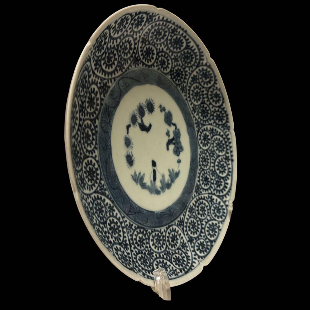 伊万里 有田 染付 印判手 輪花皿 蛸唐草 花丸繋ぎ 見返し蓮弁 見込 四君子