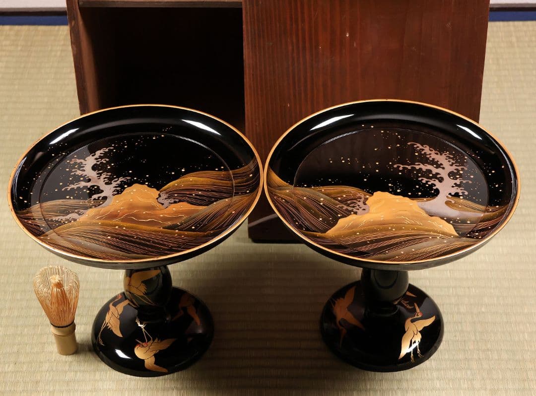 波に鶴 金銀蒔絵 高月一対 木箱 木製漆器 高坏 高槻 菓子器 【MA743】