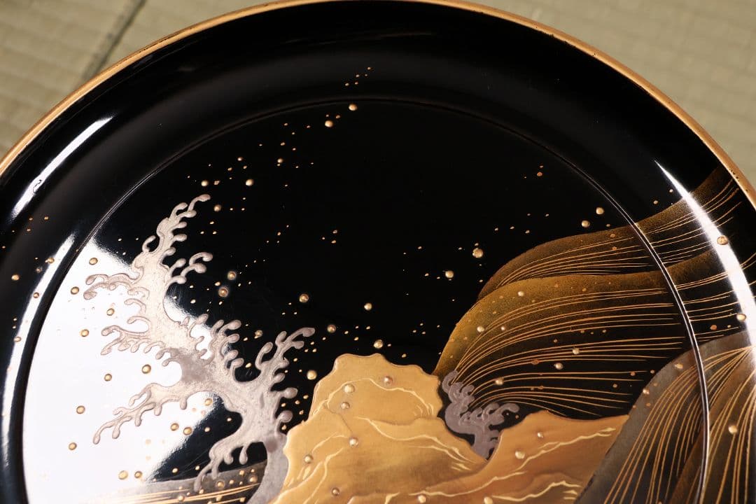 波に鶴 金銀蒔絵 高月一対 木箱 木製漆器 高坏 高槻 菓子器 【MA743】