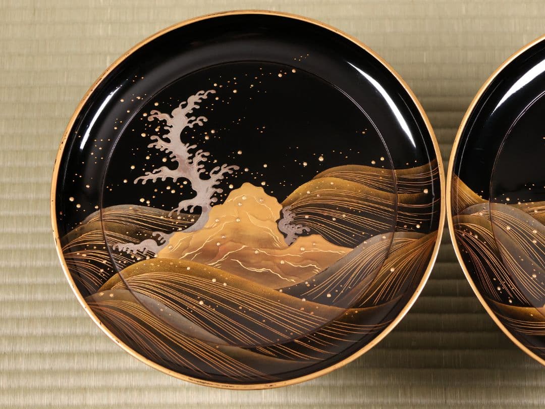 波に鶴 金銀蒔絵 高月一対 木箱 木製漆器 高坏 高槻 菓子器 【MA743】