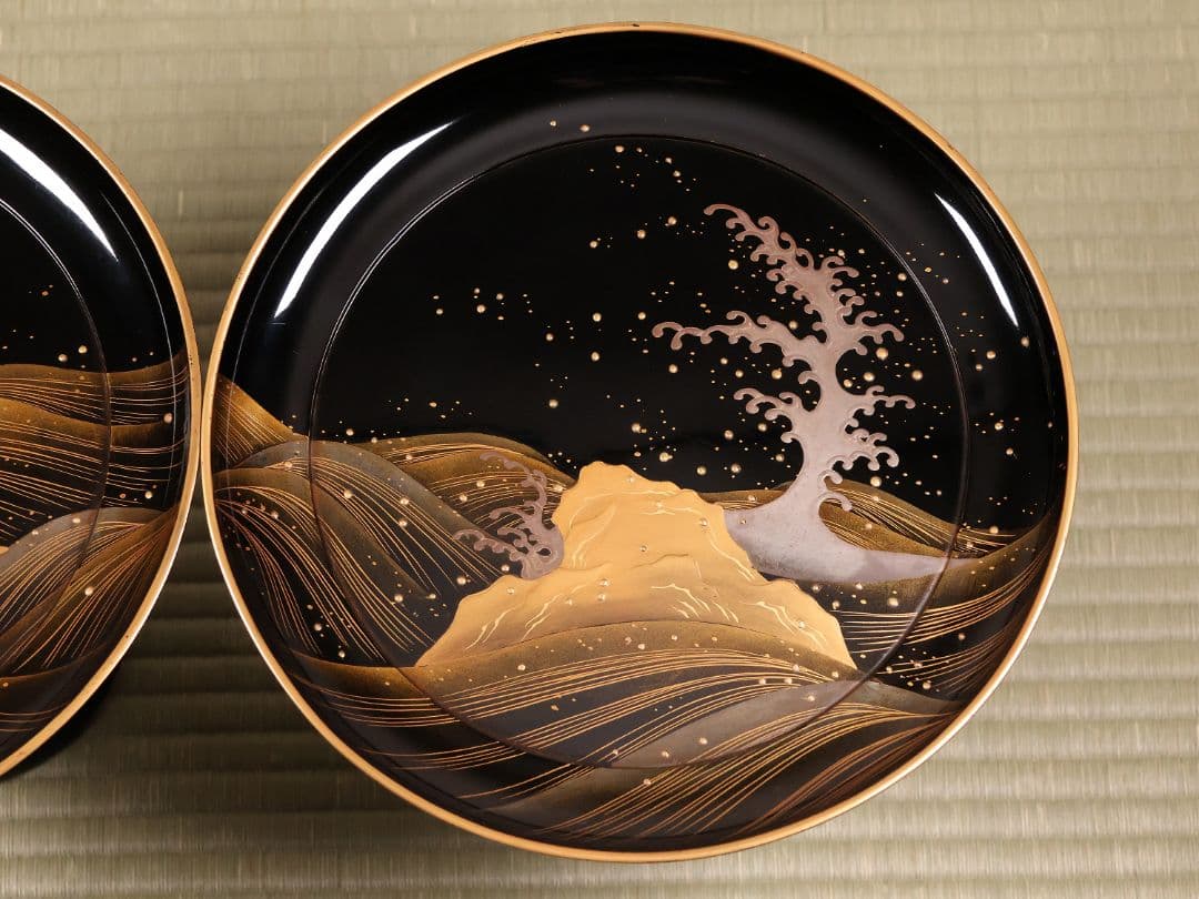 波に鶴 金銀蒔絵 高月一対 木箱 木製漆器 高坏 高槻 菓子器 【MA743】