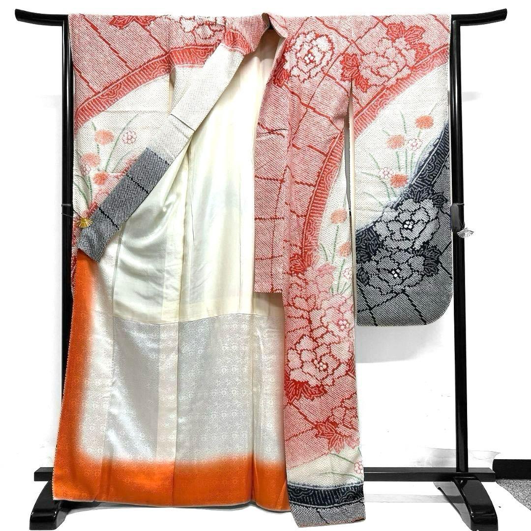 総絞り　牡丹　菊花　花模様　振袖　成人式 晴れの日 着物 032a p