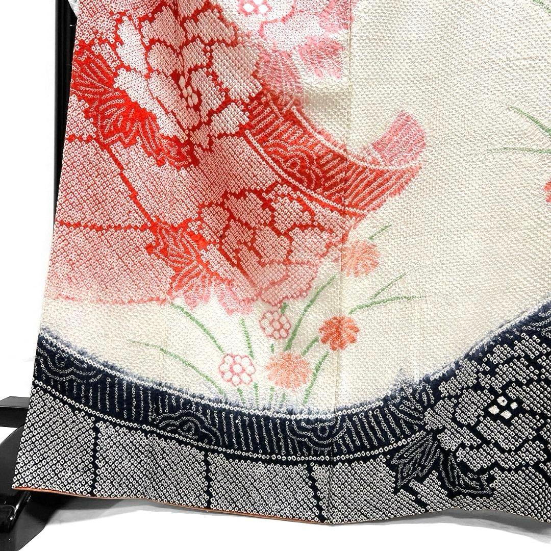 総絞り　牡丹　菊花　花模様　振袖　成人式 晴れの日 着物 032a p