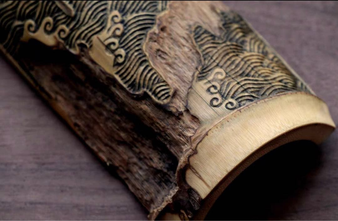 001虫喰い竹彫刻茶則、茶合、仙媒、茶道具、煎茶、煎茶道具、中国茶、日本茶