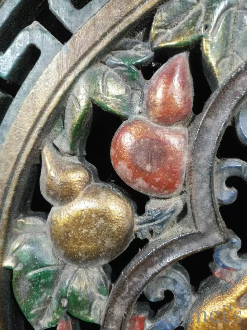 中国古美術 旧蔵 楠木製 漆器 円形 掛匾《葫蘆福》高浮彫 手彫り 古美味 置物