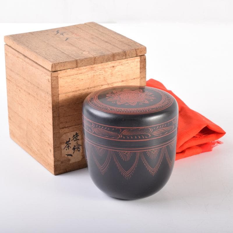 茶道具　黒漆　笹文　棗　在銘　共箱　V　7029