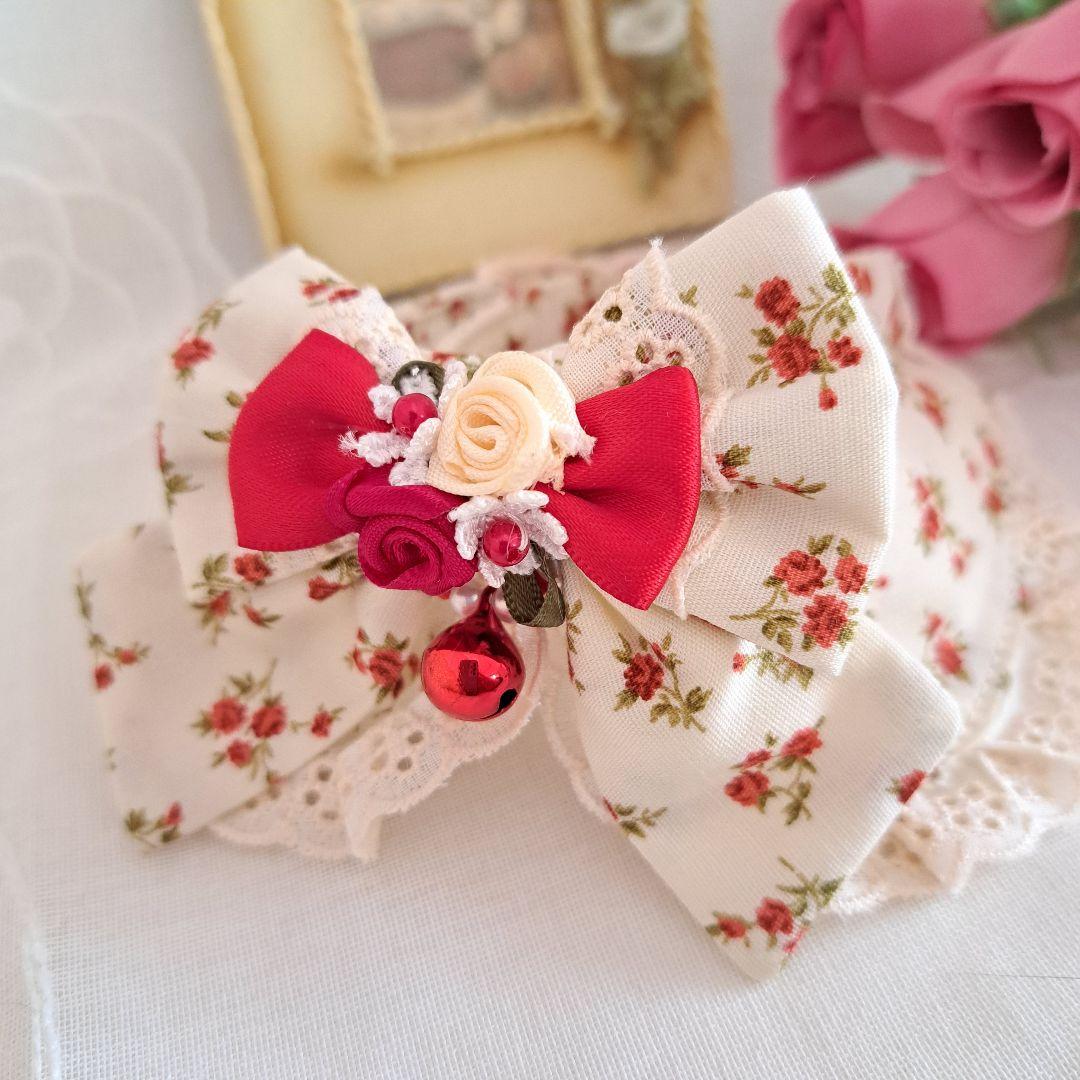 ミニチュアローズ柄わんちゃん猫ちゃん用襟付首輪