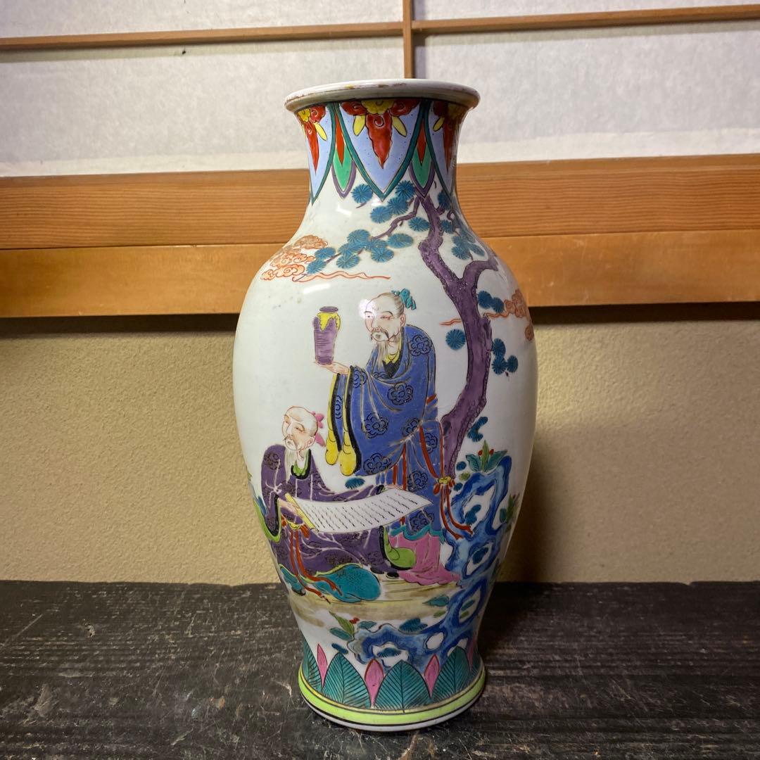 中国美術　古玩　色絵仙人図花瓶