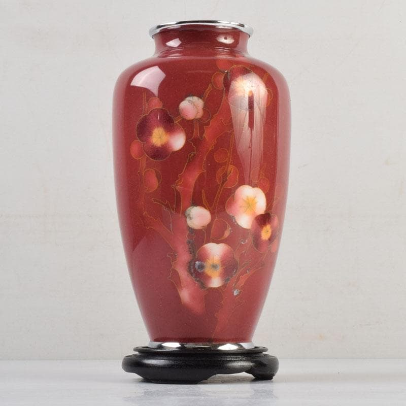 七宝焼　岡田泉作　赤透釉　梅文瓶　花瓶　唐木台付　共箱　V　9133