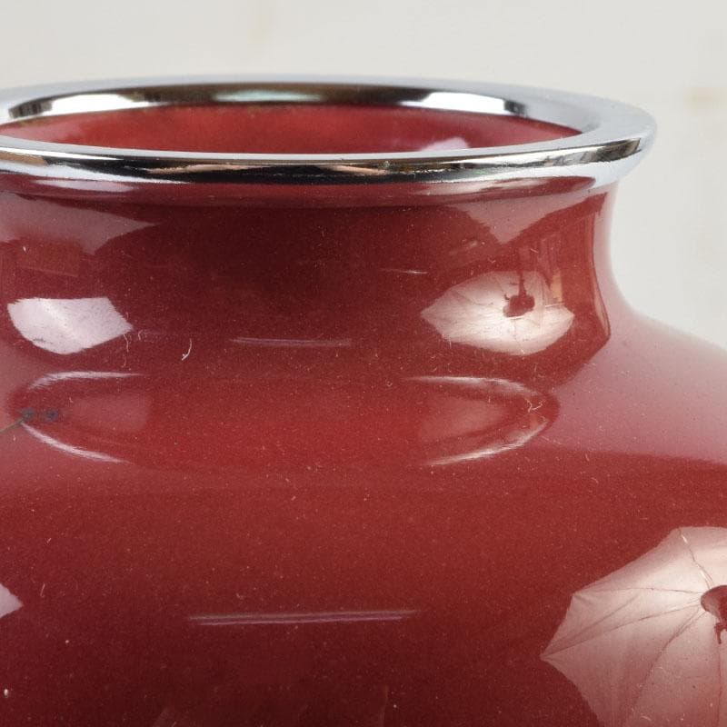 七宝焼　岡田泉作　赤透釉　梅文瓶　花瓶　唐木台付　共箱　V　9133