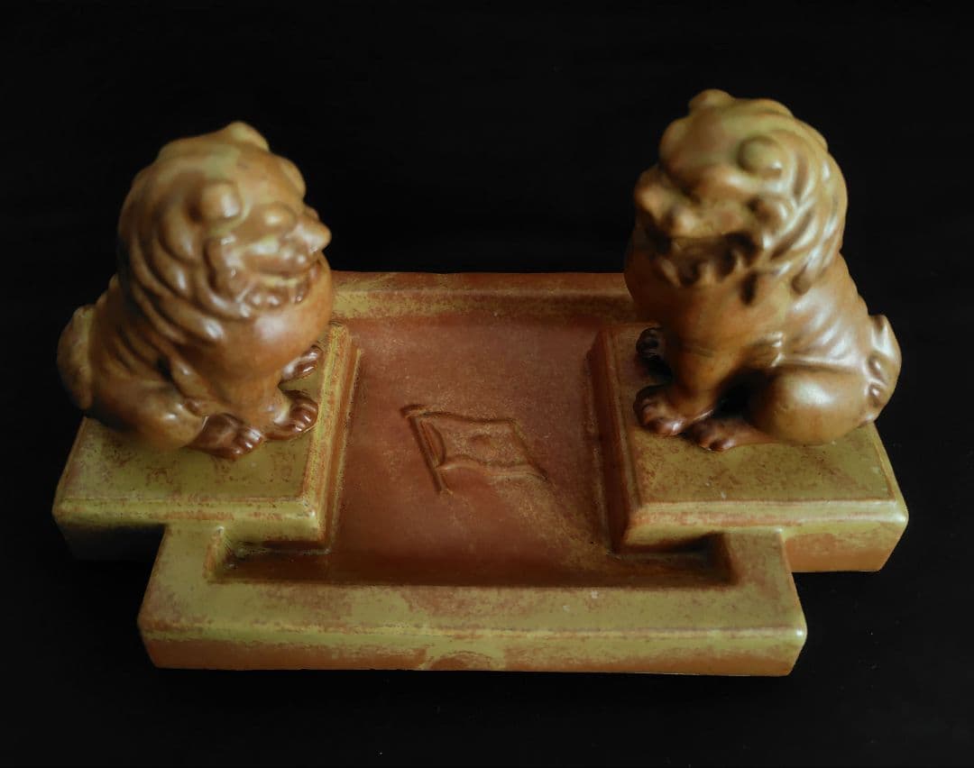 九谷焼　狛犬灰皿　木箱付き　昭和十六年　ヴィンテージ　獅子