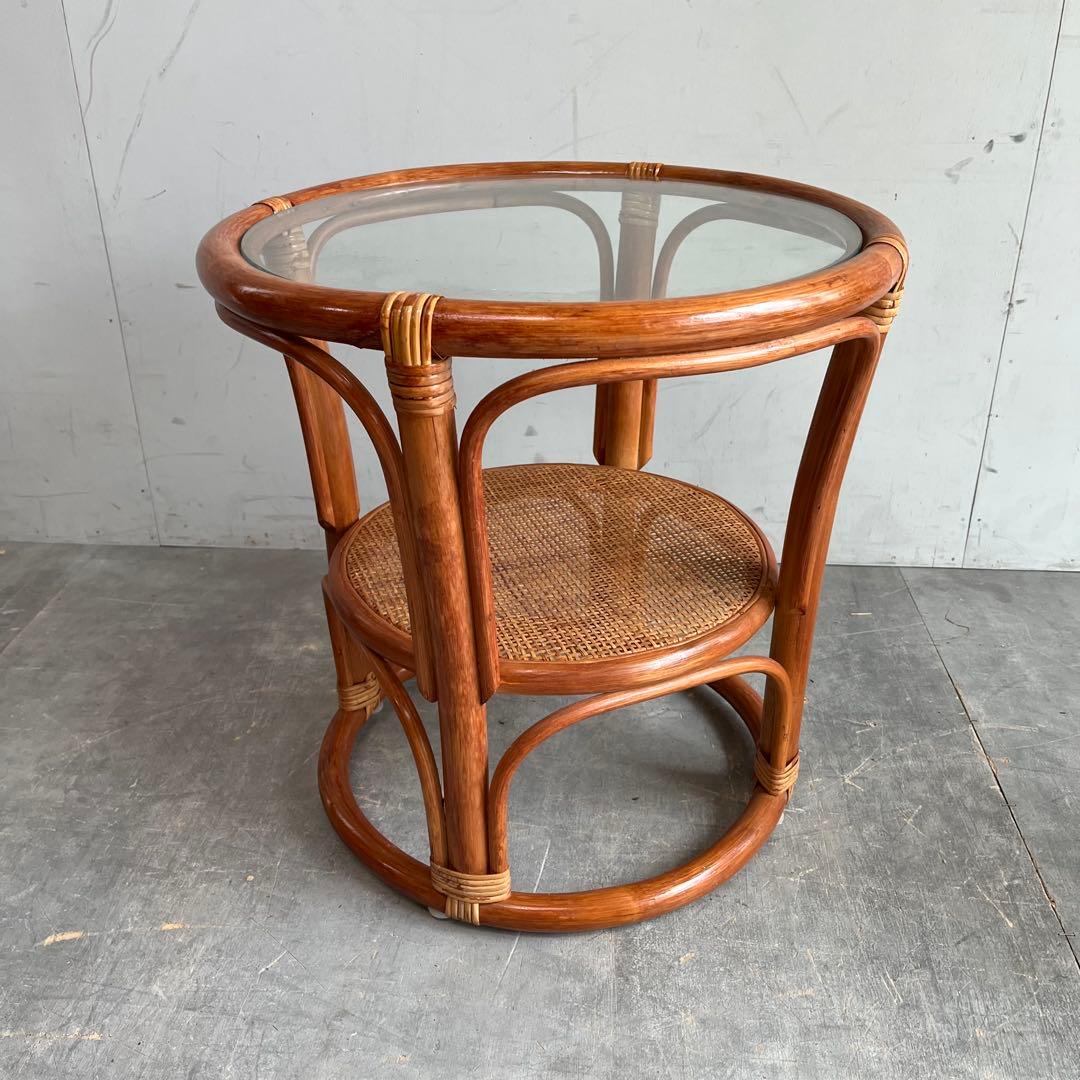 ヴィンテージ ガラス ラタン 籐 テーブル レトロ 丸 ラウンド z372