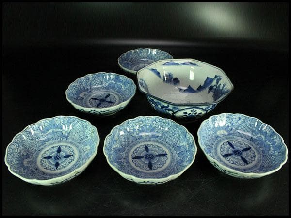 古伊万里 染付 鉢 皿 六点揃 江戸末期(K-A868)