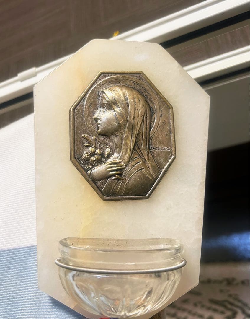 フランス　アンティーク　聖水盤　大理石 静か　聖母　ブロカント