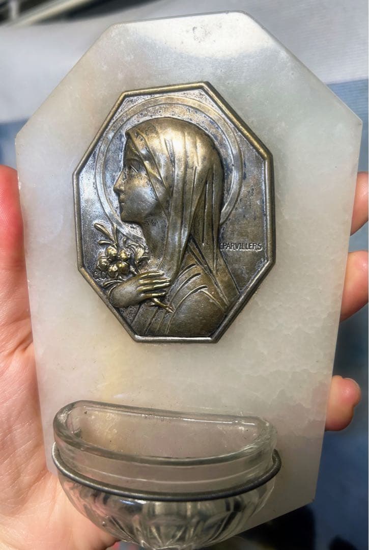 フランス　アンティーク　聖水盤　大理石 静か　聖母　ブロカント