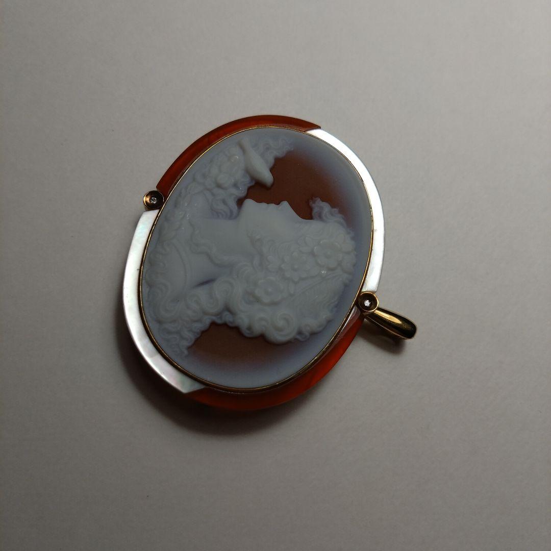 K18　カメオの　ブローチ　ペンダントトップ　18金　750　ダイヤモンド