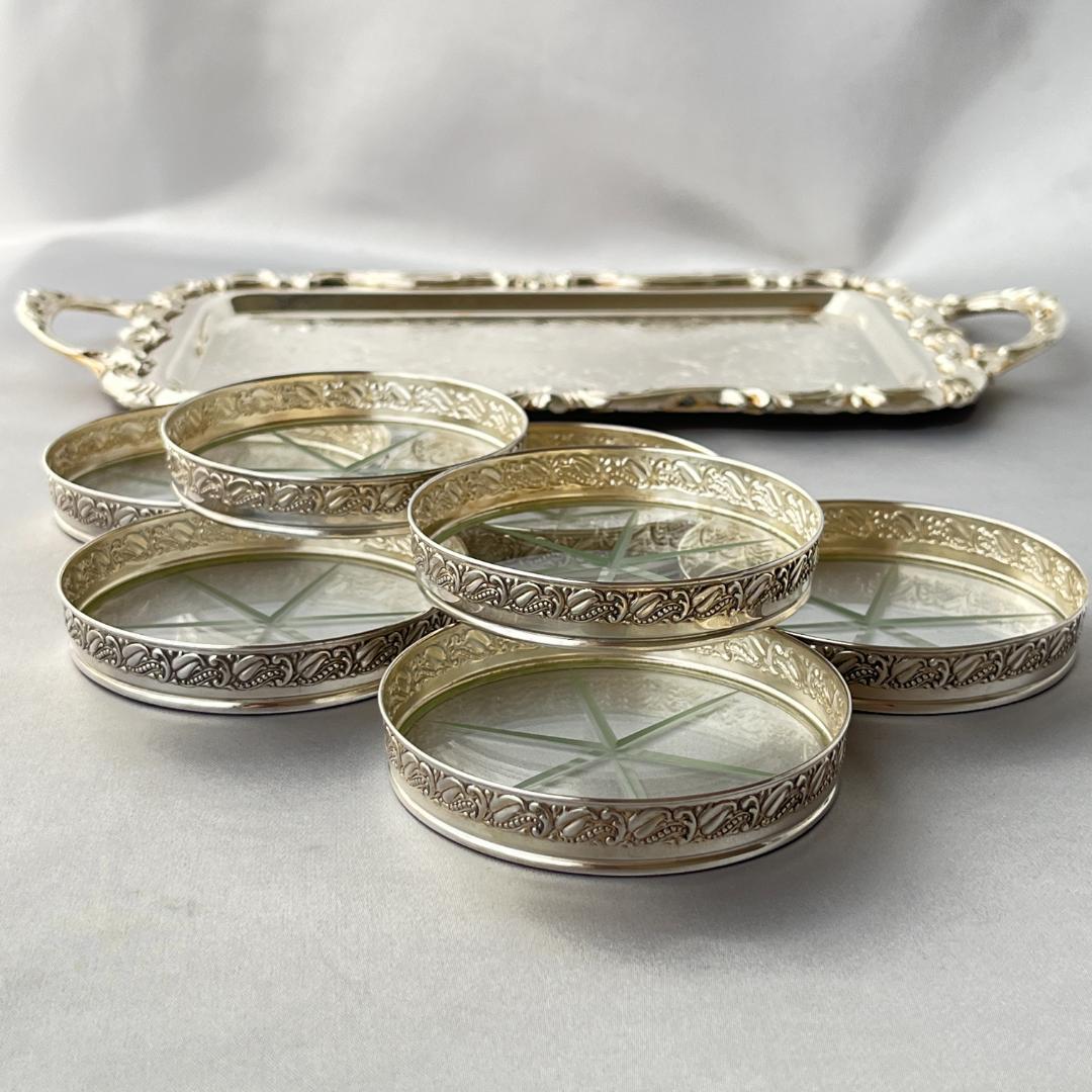 【Webster】 【純銀 / ガラス】レリーフのワイングラスコースター 8枚