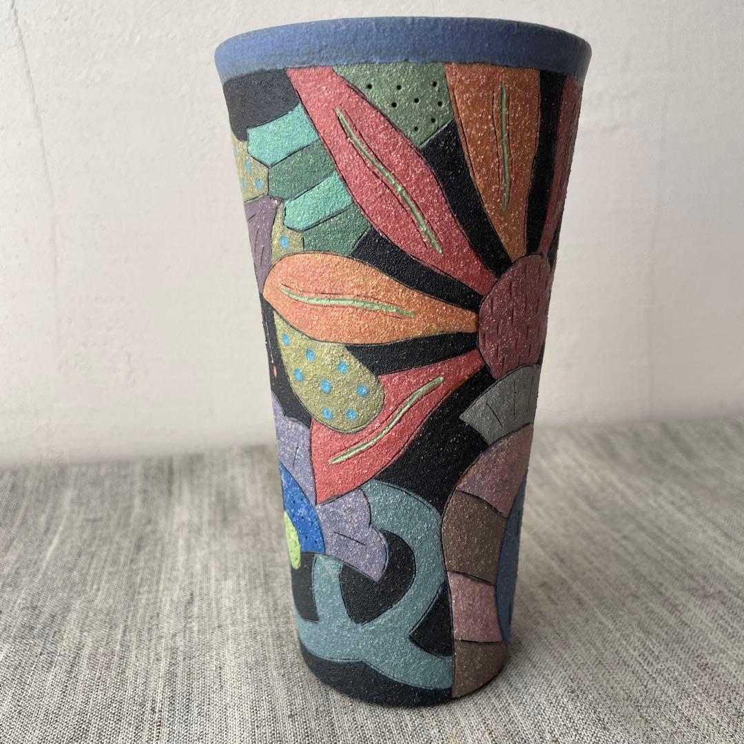 作家　陶芸家　志村観行　タンブラー　ビアカップ　背の高いコップ　手描き　手彫り