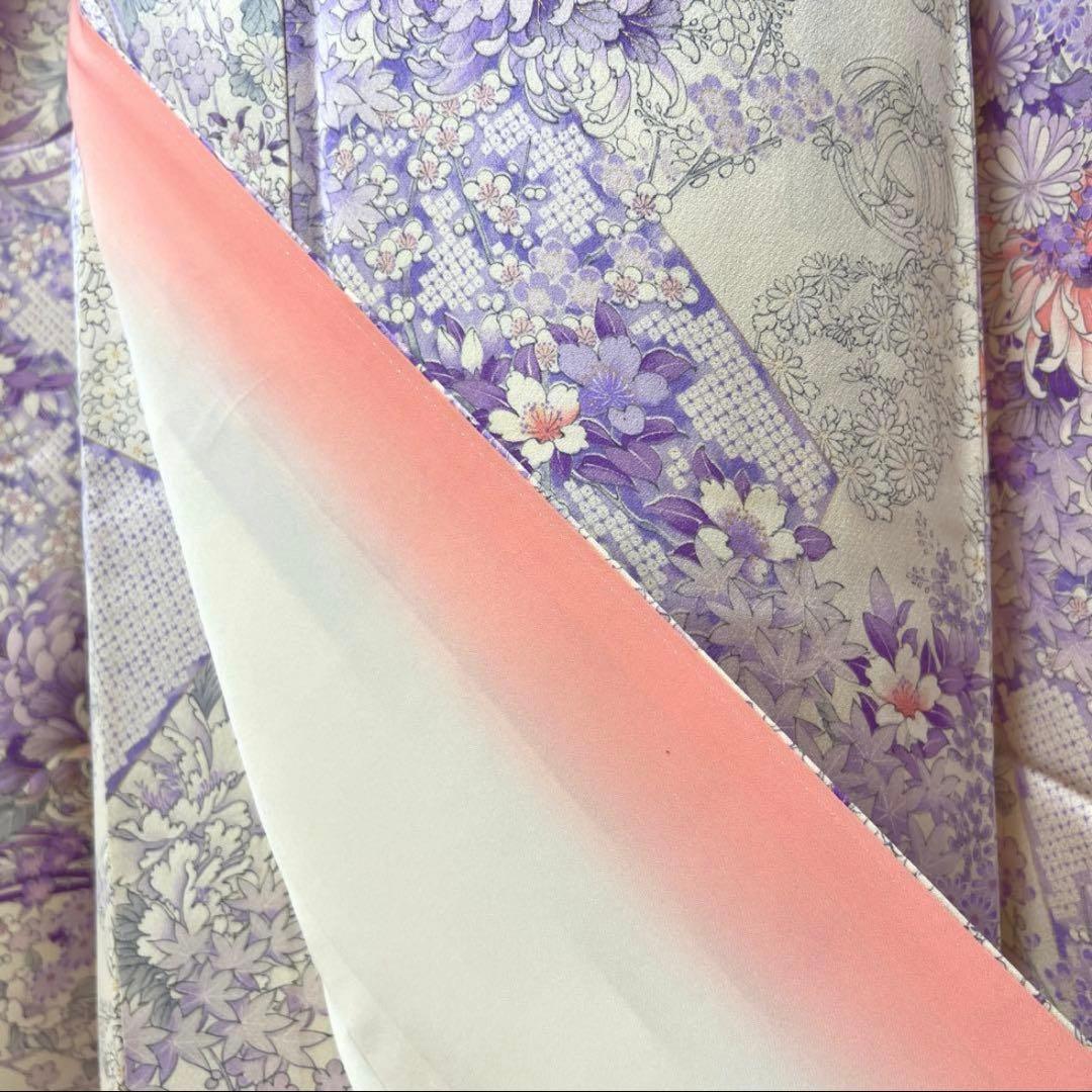 振袖フルセット 正絹 薄紫 白 オフホワイト 金彩 総柄 フェミニン