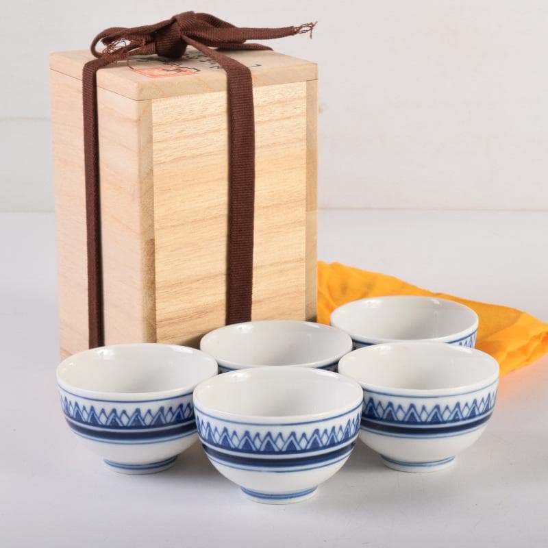 煎茶道具　賣茶好　染付　雁木文　茶碗　五客　共箱　V　7899