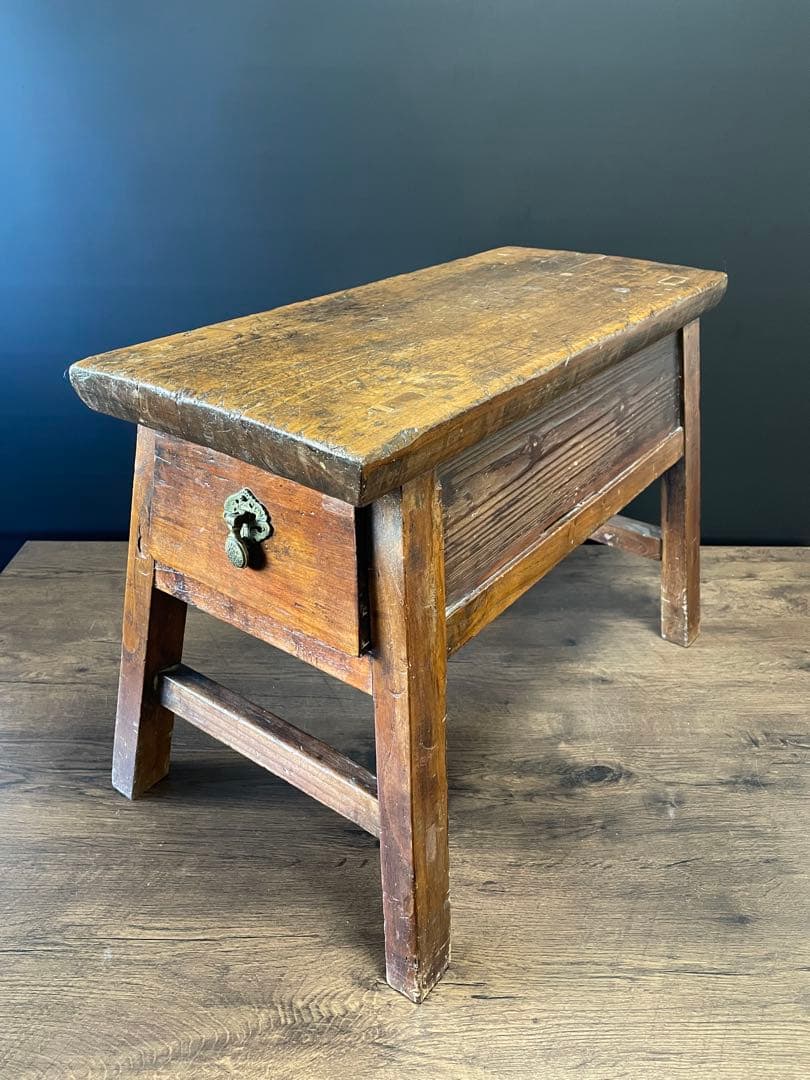 アンティーク 無垢材 引出し付　スツール　ベンチ　花台