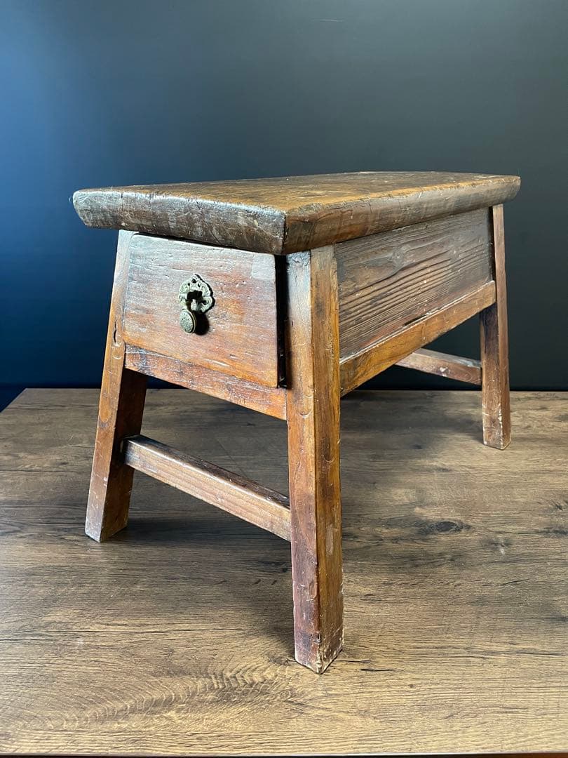 アンティーク 無垢材 引出し付　スツール　ベンチ　花台