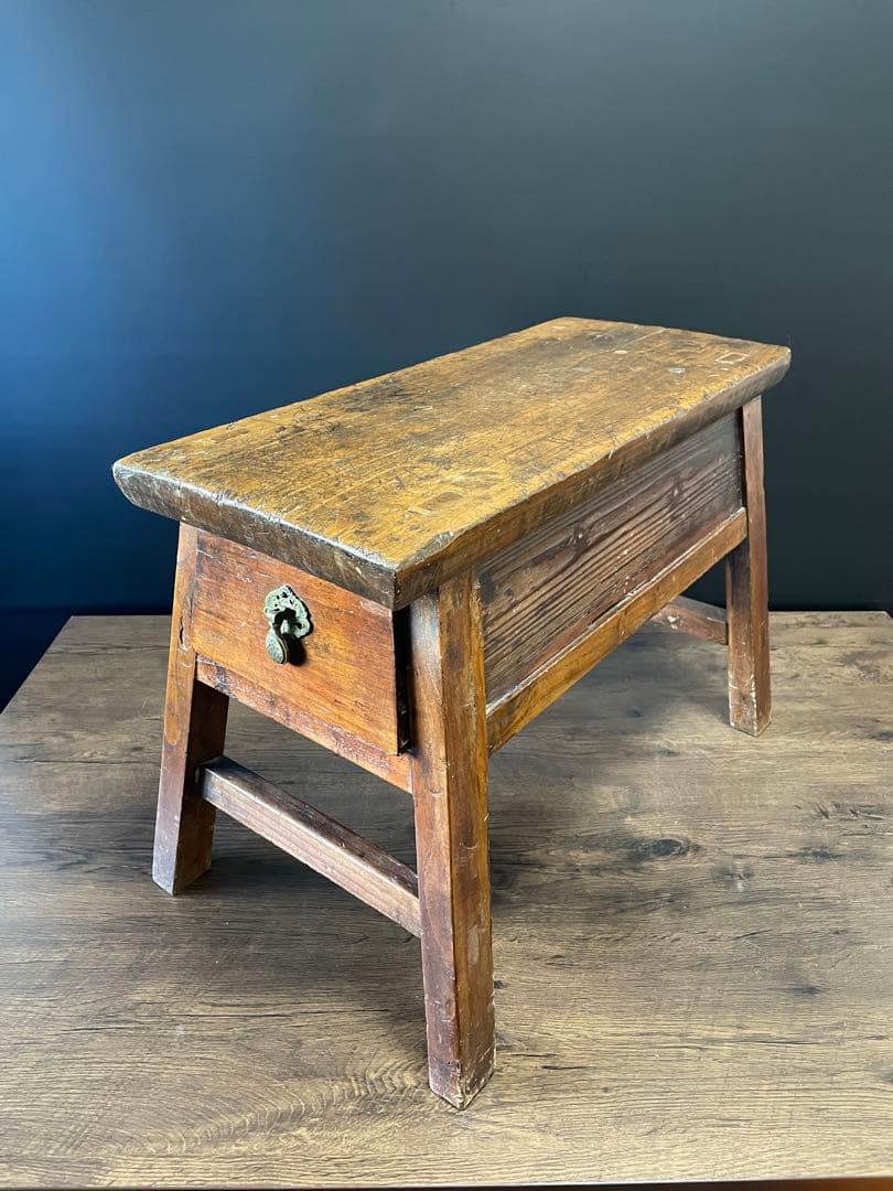 アンティーク 無垢材 引出し付　スツール　ベンチ　花台