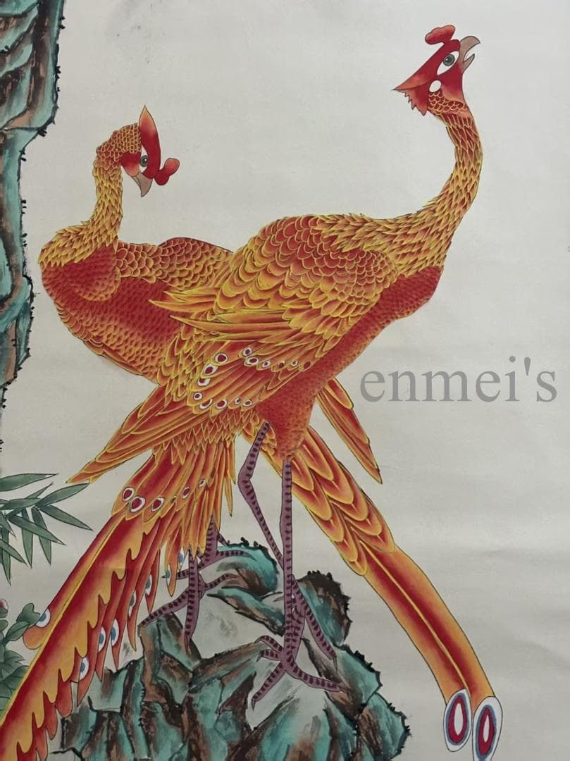 中国古美術 清代 絹本手描き 張大千 神鳥図 四尺 水彩画 鳳凰 掛け軸 肉筆