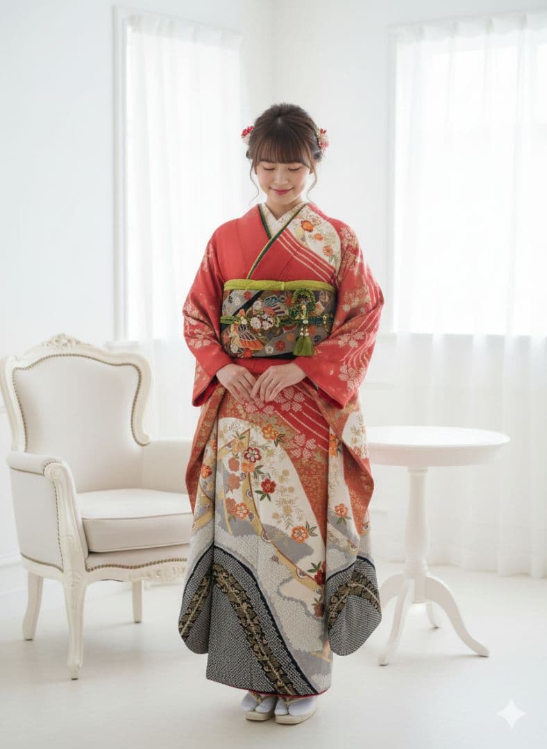 王道の古典色柄　振袖フルセット　朱赤　絞り　金彩　刺繍　美品　丈160 裄66