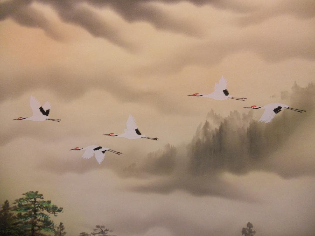 掛け軸 石田雪外 赤富士飛鶴 絹本 希少 軸装 茶道具 掛軸 美品 です。