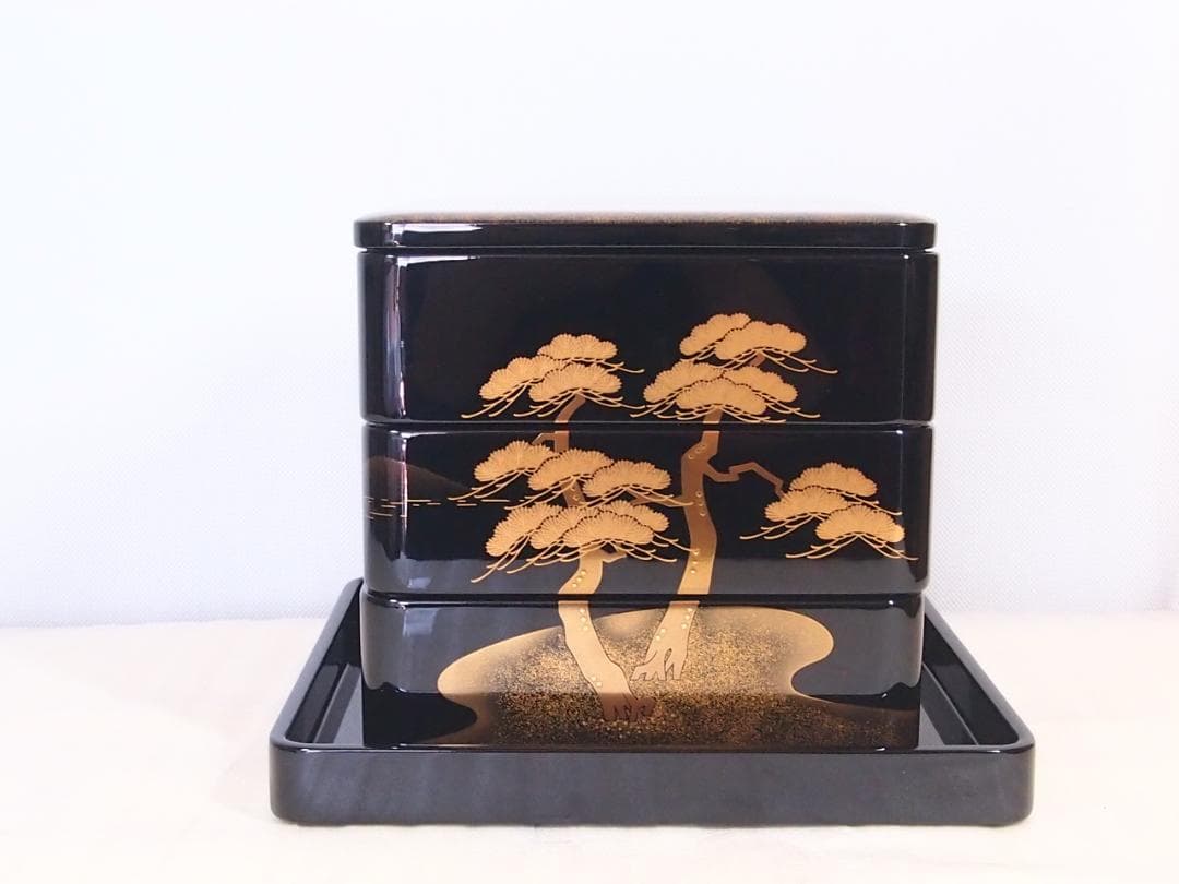 【未使用】輪島塗 松島蒔絵 三段重箱 重台付き 老松/山水 お重/弁当箱 漆器