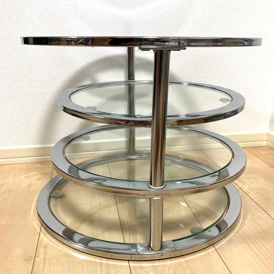 ミッドセンチュリー ラウンドテーブル 4段 丸型 北欧 ビンテージ 強化ガラス