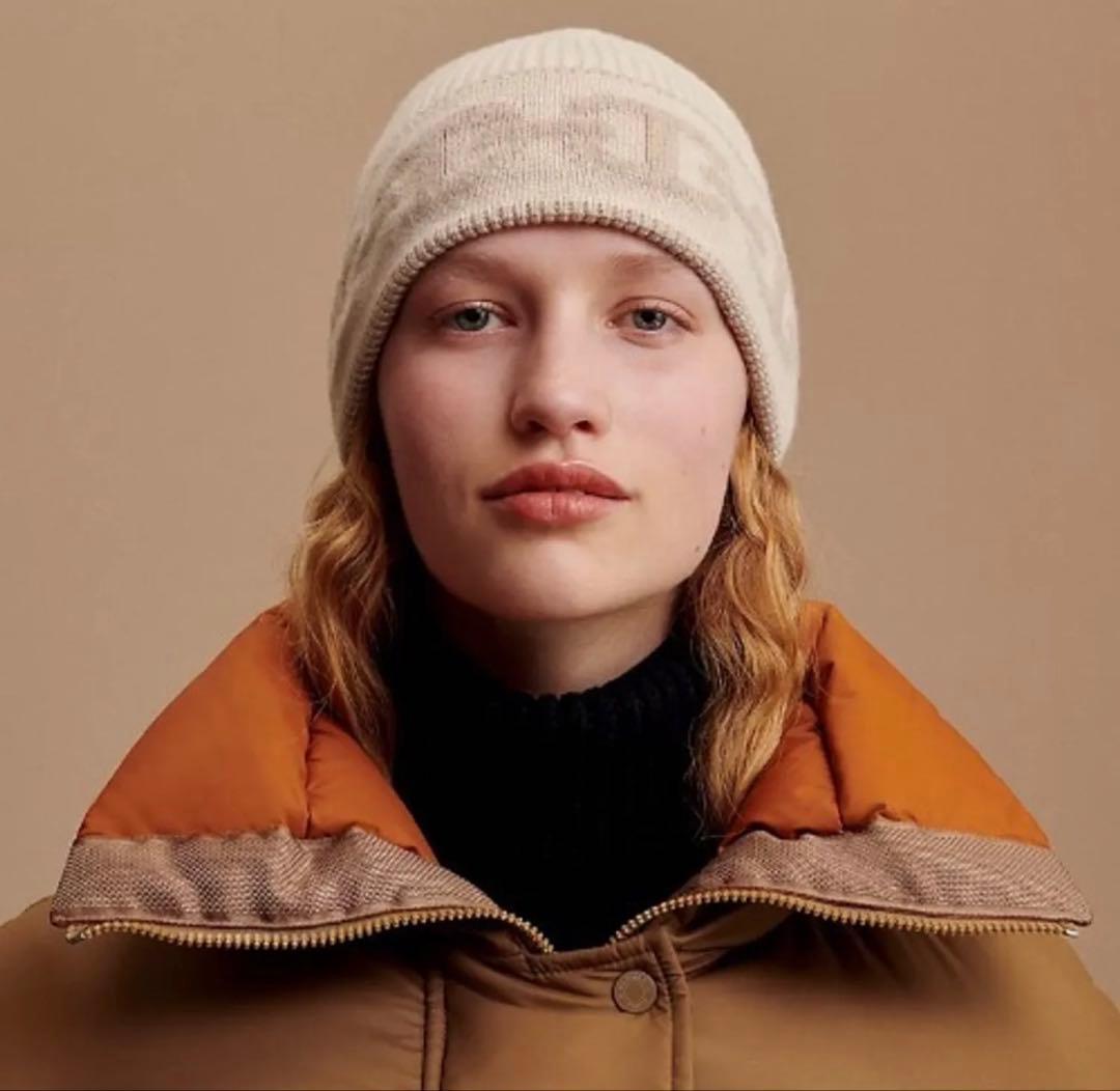 HERMES ヘヴン シェーヌダンクル ニット 帽 カシミヤ ベージュ