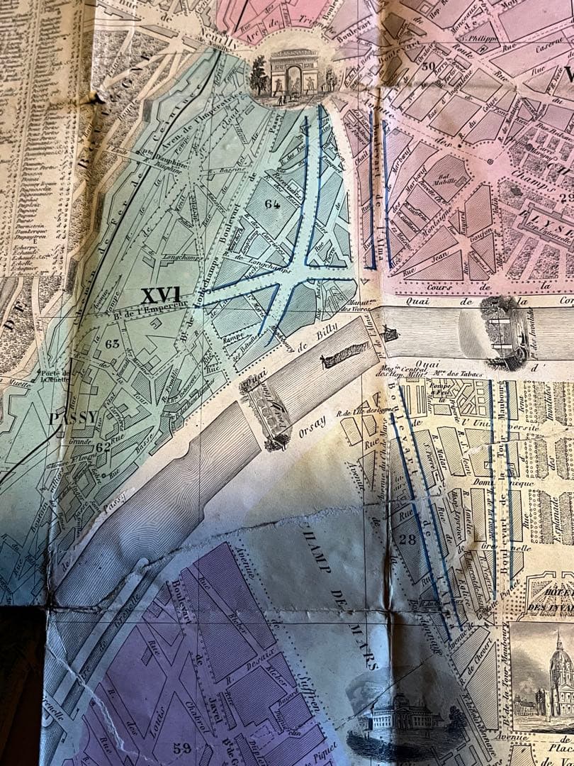 激激レア！1861年のパリ古地図 オリジナル エッフェル塔がない 馬車が走る