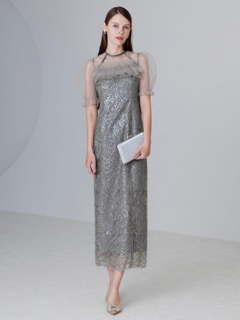 チュールフラワースパンコールIラインワンピースドレス結婚式パーティー成人式二次会