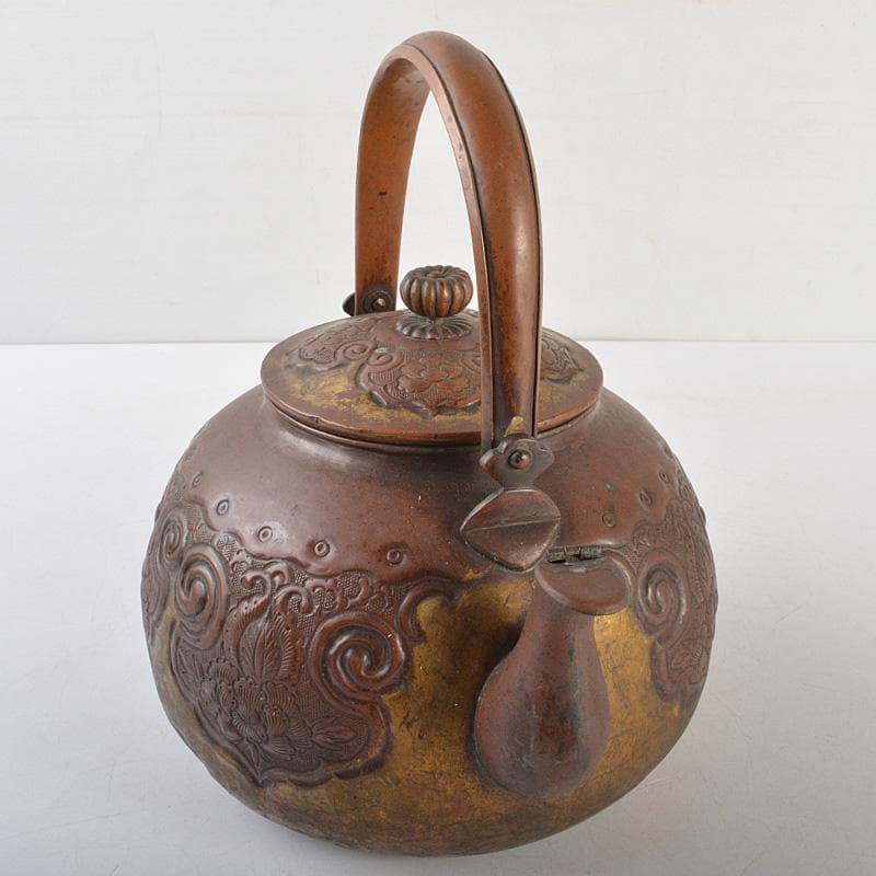 煎茶道具　銅製鎚起　花文　湯沸し　水次　薬缶　M　R6809
