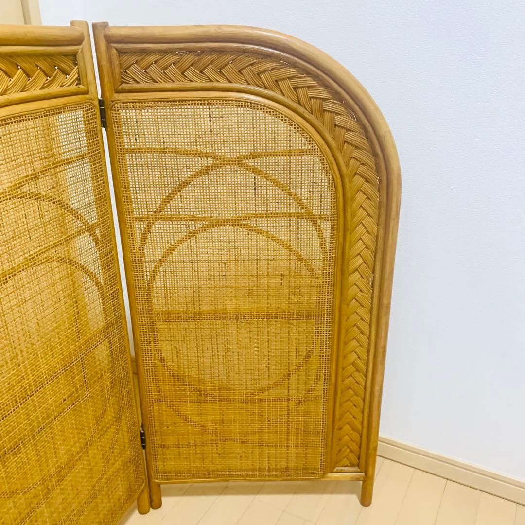 【希少】 籐 ラタン ロータイプ パーテーション 2連 折りたたみ 衝立 アーチ