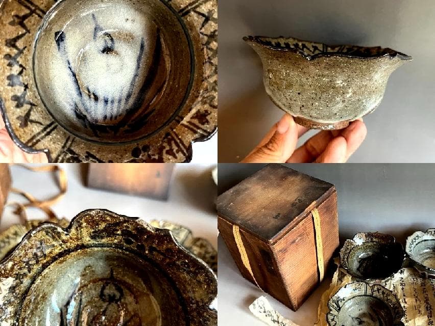 鉢■古唐津向付 5客 粉引絵唐津 菖蒲 花形 割山椒 古美術 時代物 骨董品■