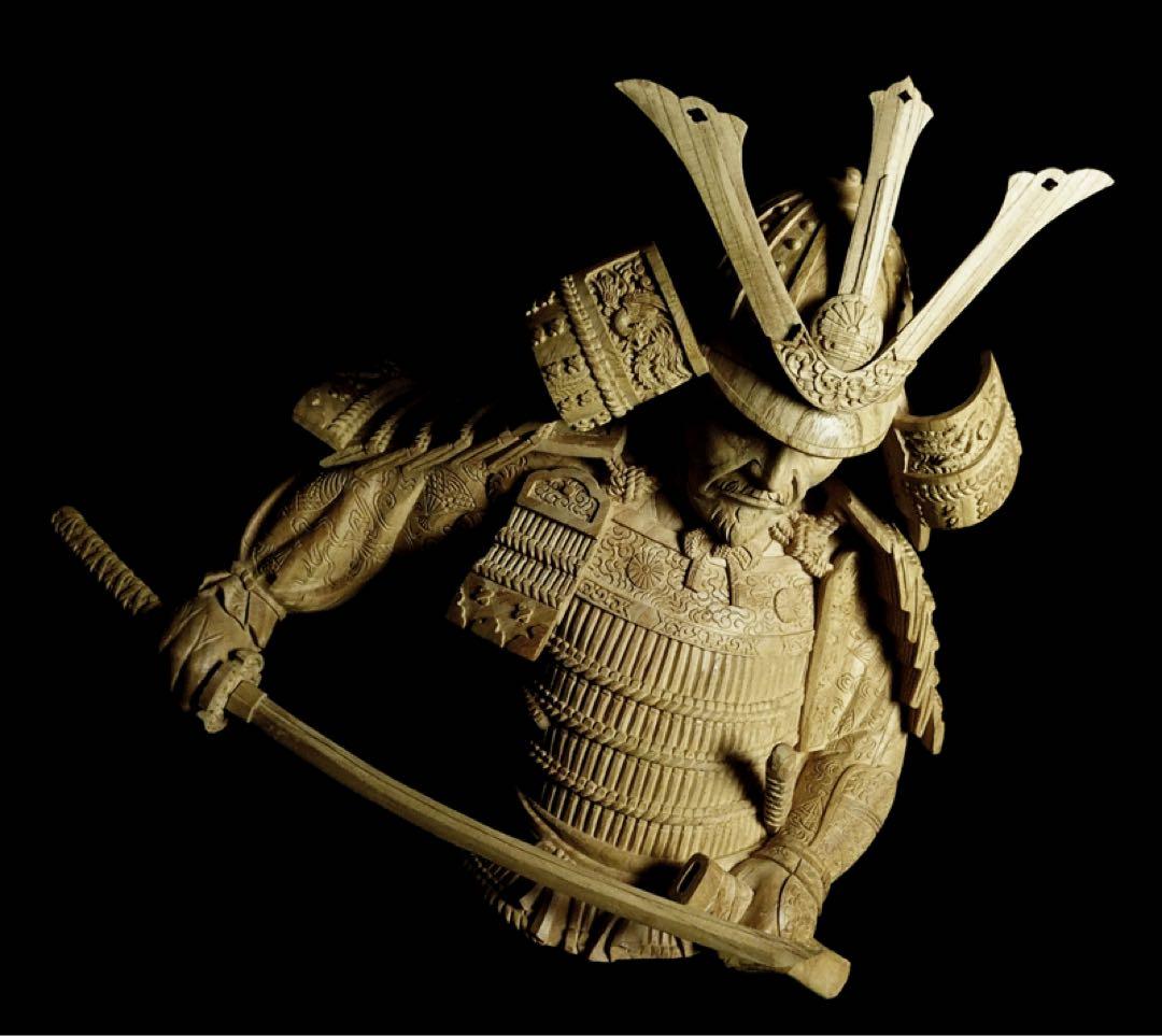 楠木正成像　SHOGUN 将軍　日本の武将　木彫作品　壁掛け　箱あり