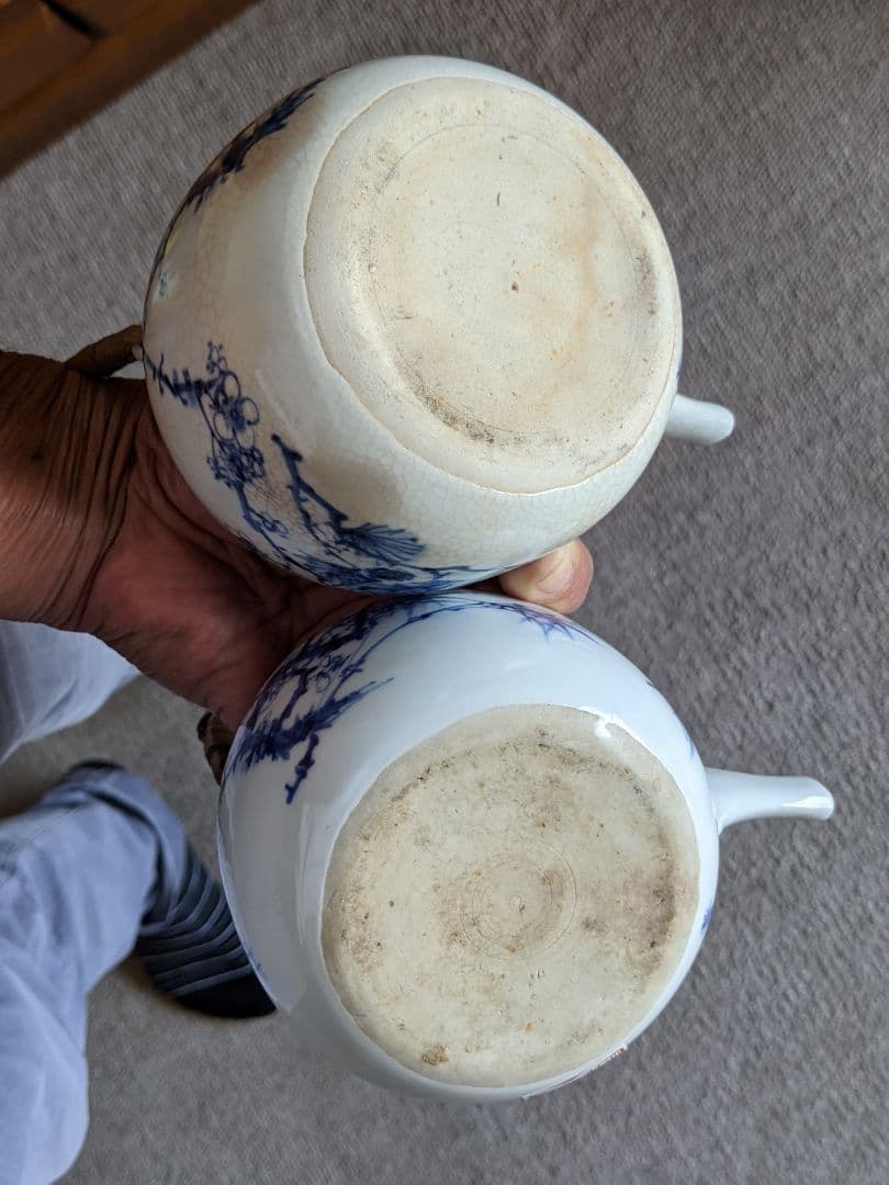 ⭐染付 松葉梅花文様 銚子1対 京焼 真葛焼 宮川香齋作 明治時代の骨董品